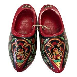 Vintage Dutch Wooden Clogs – Hand Painted Holland Souvenir Mini Shoes, Red Folk